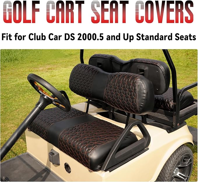 Golf Cart Seat Covers Front for Club Car DS 2000.5+ Standard Seat Cushion, EZGO Vinyl Leather Seat Cover Set Replacement Accessories, No Staples, Black(4 PCS)