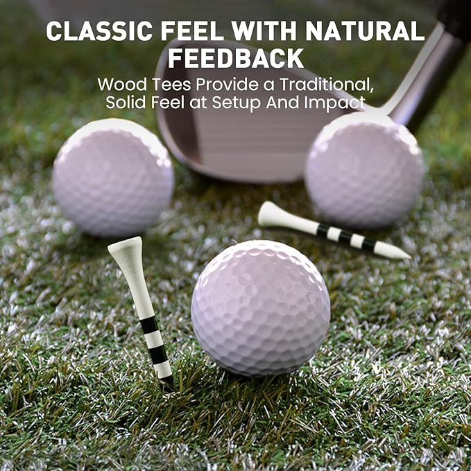 FINGER TEN Golf Tees Wood 3 1/4 2 3/4 Inch Value 50/120 Count, Durable Tees with Bright Colored Stripes for Consistent Height, 70mm 83mm Long Tees Ideal for Golfers