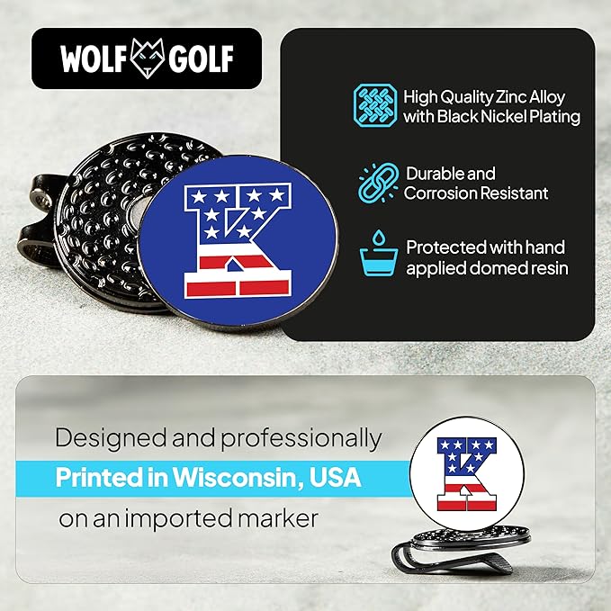 Wolf Golf Towels Golf Ball Marker Hat Clip | USA Monogram | 1 Magnetic Clip + 3 Ball Markers | Patriotic Golf Accessories for Men & Women