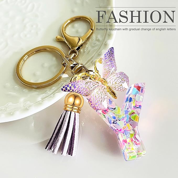 JINGUAZI Initial letter Keychains for Women Tassel Butterfly Pink Purple Cute Car Keychain for Wallet Backpack bag charm
