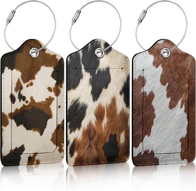 3 Pack Cowhide Brown Luggage Tags for Suitcase Animal Cow Skin PU Leather Travel Luggage Tag Privacy Cover ID Label for Women Men Baggage Backpack Handbag School Bag