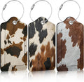 3 Pack Cowhide Brown Luggage Tags for Suitcase Animal Cow Skin PU Leather Travel Luggage Tag Privacy Cover ID Label for Women Men Baggage Backpack Handbag School Bag