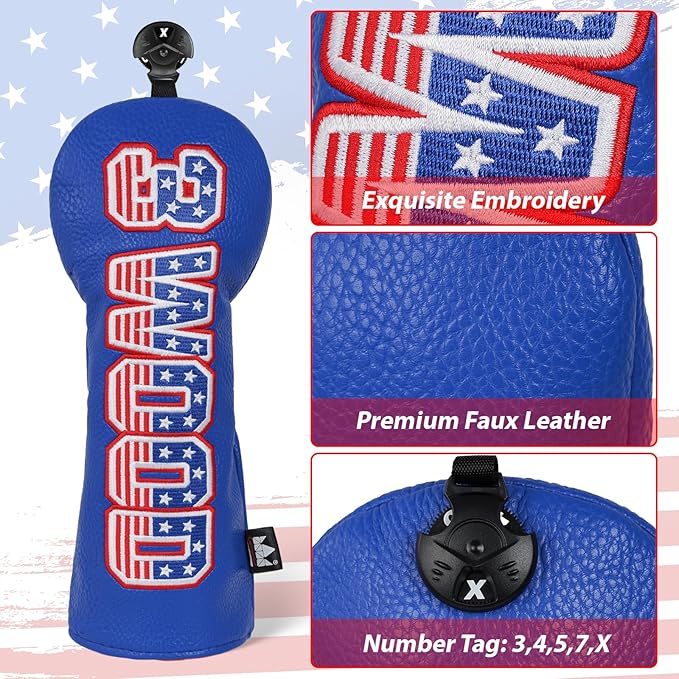 Craftsman Golf Headcover Set for Driver 3 5 Fairway Wood Hybrid Golf Club Head Cover, USA Flag Old Glory Design Golf Club Covers,Interchangeable Number Tag Offered