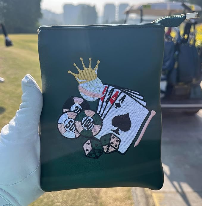 PINKTEE Golf Valuables Pouch Funny Golf Accessories Bag with Zipper Master Green Premiun Leather Golf Tee/Ball Pouch for Women Men (CASINO QUEEN, White stripe)