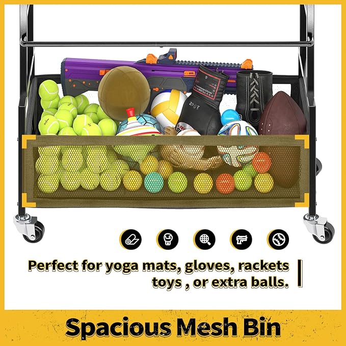 SOYEEZE Sports Equipment Organizer- Ball Storage for Garage,4 Tiers Outdoor Toy Storage,Soccer Racks,Basketball Shooting Training Stand Cart with Wheels and Hooks for Home-School and Gym Use
