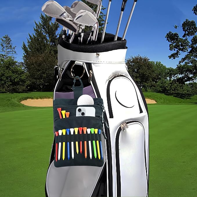 Golf Pouch Bag, Golf Tee Holder for Accessories, Valuables, Tees, Balls - Small Nylon Zipper Tee Pouch Clip on Bag Belt Backpack - Handy for Golfing, Fishing, Cycling, Travel - Great Gift for Golfers