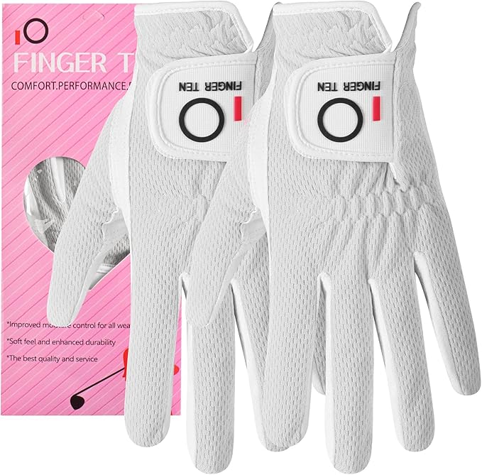 FINGER TEN Womens Golf Glove Right Handed Golfer Left Hand Rain Grip Hot Wet All Weather Value 2 Pack, Golf Gloves Breathable Flexible for Ladies Women