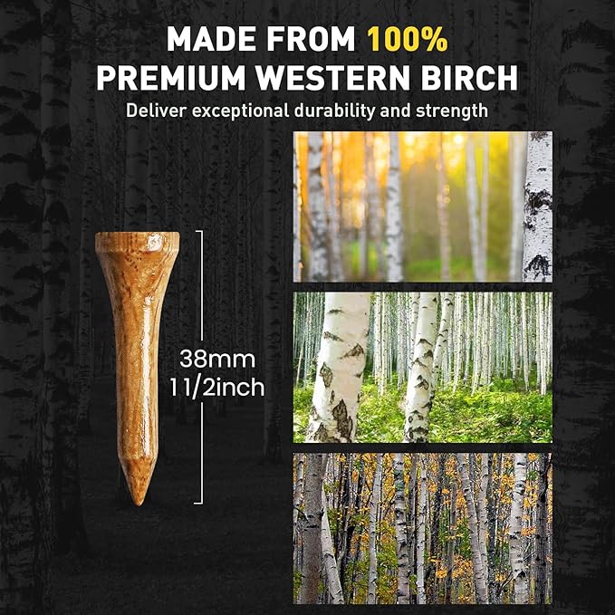Amy Sport Golf Tees Western Birch Wood 5X More Durable 5X Stronger Value 50 Pack 1 1/2 2 3/4 3 1/4 Inch, Reduce Friction Wooden Long-Lasting, Spin Tall Sturdy Base for Stability