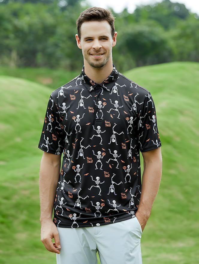 Esabel.C Golf Shirts for Men Dry Fit Performance Short Sleeve Print Moisture Wicking Collared Shirt