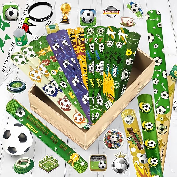 74Pcs Soccer Theme Party Favors Contain 24 Pcs Slap Bracelets 50Pcs Stickers, Soccer Theme Birthday Party Decorations,Classroom Rewards Supplies.