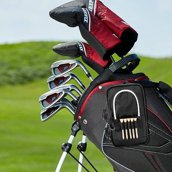 Golf Ball Bag Valuables Pouch,Golf Tee Bag Pouch Accessories with Detachable Carabiner Large Capacity Multiple Compartments can Store 12-15 Balls,Tees,Gloves,Mobile Phone and Keys,Black and White