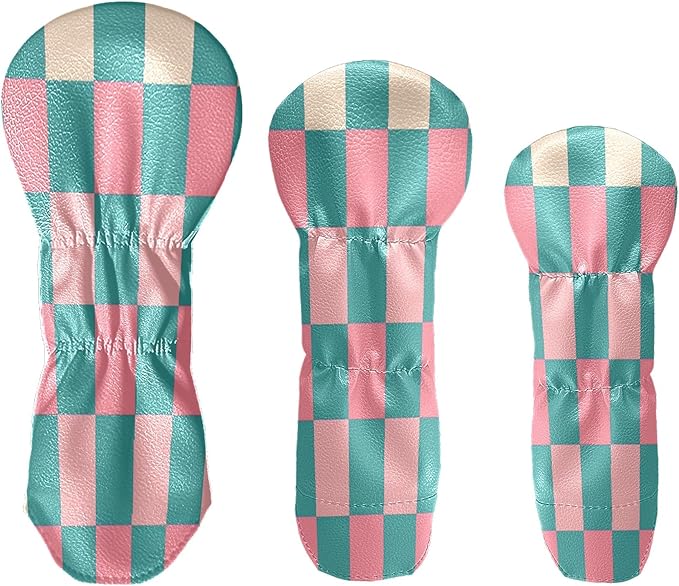 Golf Club Head Covers for Driver Hybrid and Fairway Woods, Waterproof Leather Headcovers for Golf Clubs, Ideal Golf Accessories Gift for Men Women (Pink and Teal Checkered)
