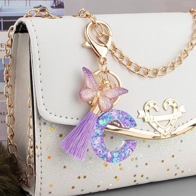Suweibuke Colourful Cute Initial Letter Keychains for Women Girls with Tassel Butterfly, Charm for Purse Handbags Backpacks