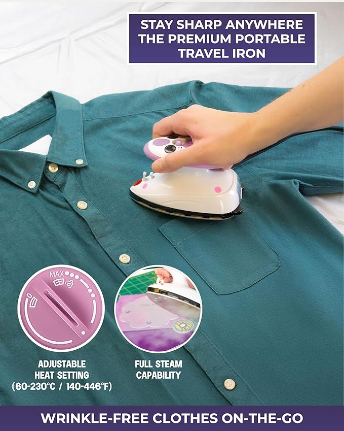 The Quilted Bear Premium Mini Steam Iron - Lightweight Mini Travel Iron for Effortless Quilting & Wrinkle-Free Clothes with Carry Case & Iron Rest Set - Travel Steamer for Clothes & Crafts (Pink)