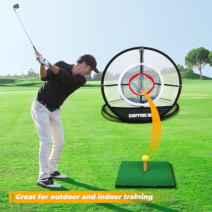 Pop Up Golf Chipping Net & Mat, Target Practice Set - 8 Balls, 4 Tees, Collapsible for Indoor/Outdoor Swing Training