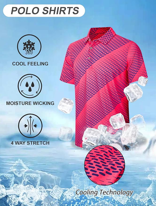 Esabel.C Golf Shirts for Men Dry Fit Performance Short Sleeve Print Moisture Wicking Collared Shirt