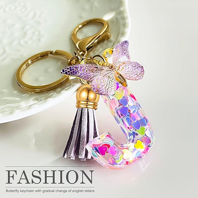JINGUAZI Initial letter Keychains for Women Tassel Butterfly Pink Purple Cute Car Keychain for Wallet Backpack bag charm