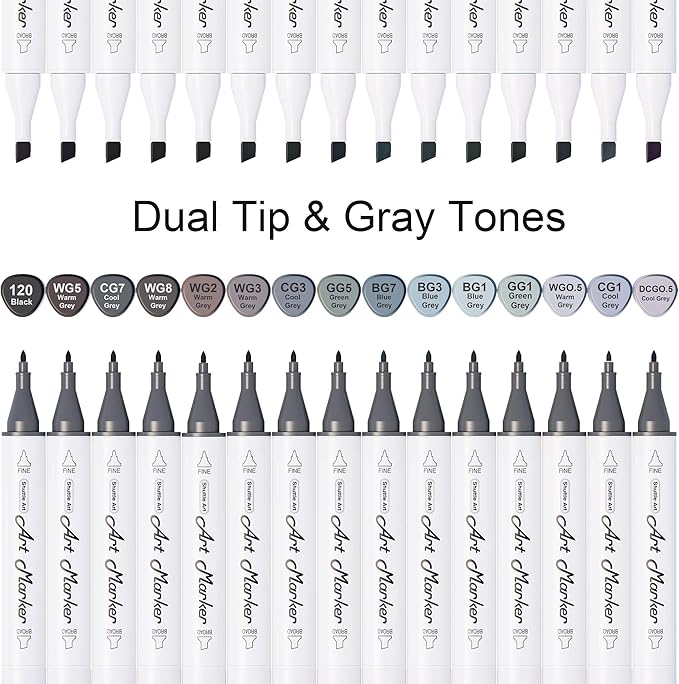Shuttle Art 15 Colors Grey Tones Dual Tip Art Marker, Alcohol Based Marker Pens Double Ended with Fine and Chisel Point Tips Perfect for Drawing,Shading,Sketching,Designing,Outlining,Illustrating