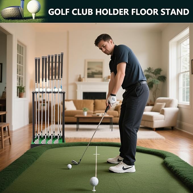 Golf Putter Stand for 9 Clubs & 7 Balls, Solid Wood Golf Club Rack, Golf Club Organizer Floor Stand, Golf Club Holder | Rustic Modern Design for Home, Office, Golf Course Accessories
