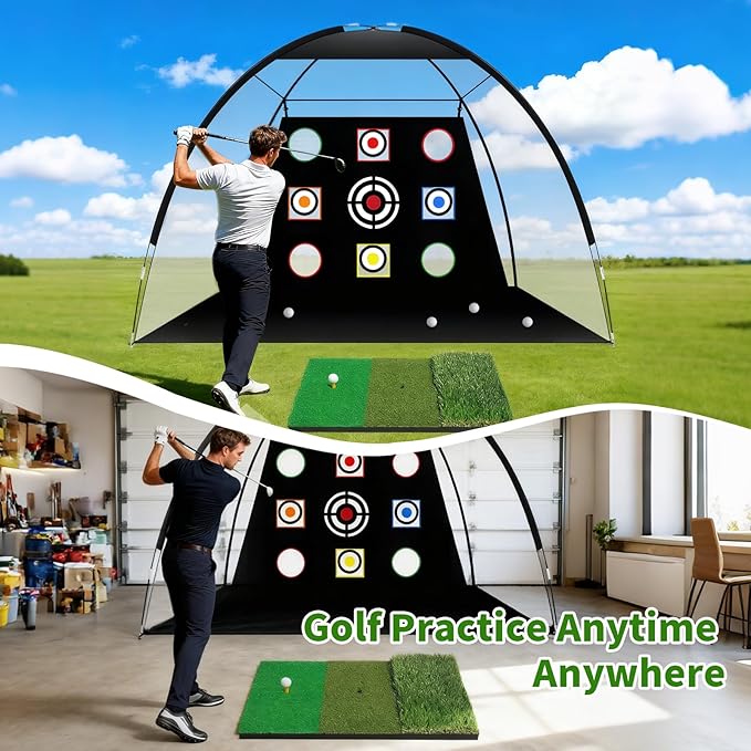 Golf Net Set with Tri-Turf Mat 10x7FT Golf Practice Net for Indoor Outdoor Training, Portable Golfs Accessories for Men, for Men & Lovers