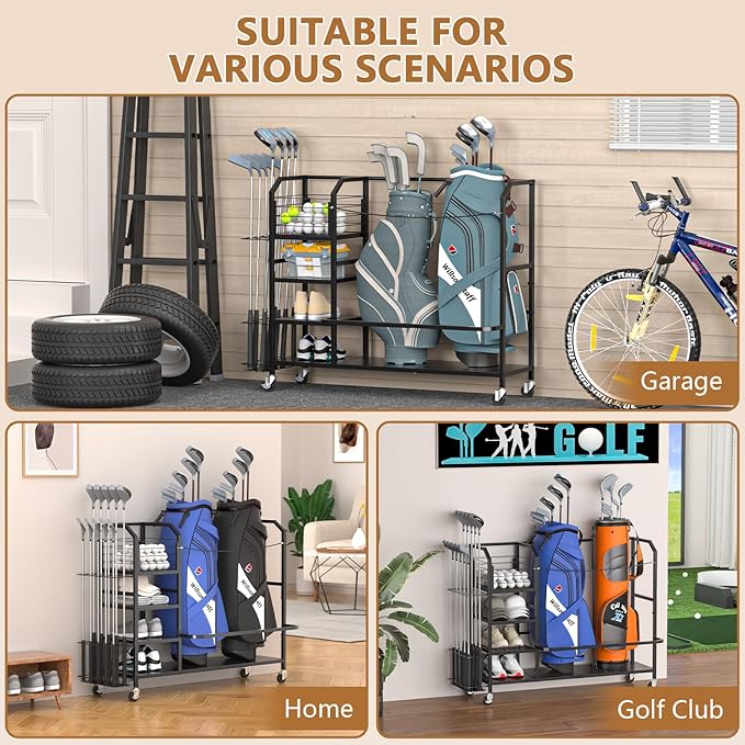 Golf Bag Storage, Big Capacity Golf Bag Organizer for Golf Bag and Equipment Accessories, Golf Organizer for Garage, Home or Club,Extra Storage Rack for Golf Clubs,Black