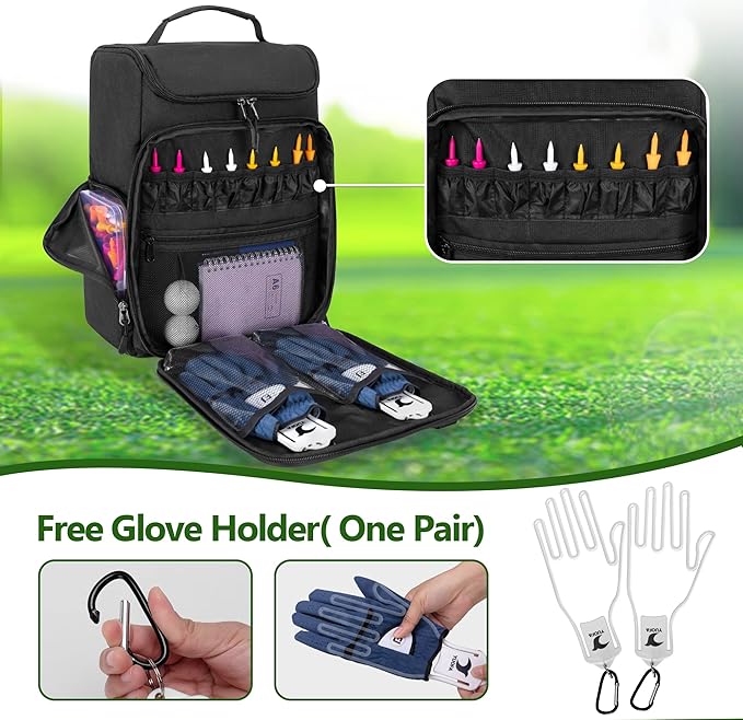 Golf Shoe Bag Holds A Pair of Shoes US Mens 14, Golf Shoe Carrier with Free Gloves Holders (A Pair), Front and Side Accessory Pockets for Tees, Gloves and Ball, Black