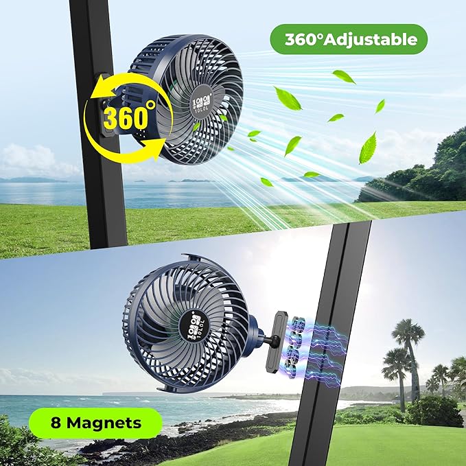 10L0L Golf Cart Fan with Magnetic Mount & 56Hrs Runtime - 8000mAh Battery, 3-Speed Cooling, Built-in LED Light, Power Bank Function - Stable ABS Design for All Golf Carts