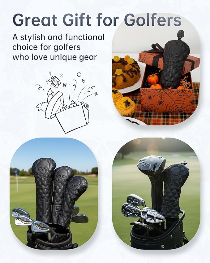 Golf Club Covers – Driver Headcover, Black Skull Leather, Fairway Wood & Hybrid, 3 Wood Headcover, Waterproof Easy-Clean, Universal Fit
