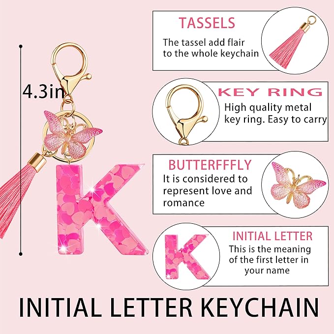 Suweibuke Colourful Cute Initial Letter Keychains for Women Girls with Tassel Butterfly, Charm for Purse Handbags Backpacks