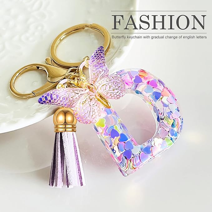 JINGUAZI Initial letter Keychains for Women Tassel Butterfly Pink Purple Cute Car Keychain for Wallet Backpack bag charm