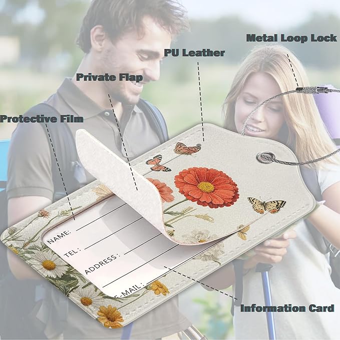 Set of 3 Luggage Tags, Vintage Flowers Butterflies Leather Suitcases Tag Identifiers with Privacy Name Address Labels & Durable Steel Loop for Women Men Travel