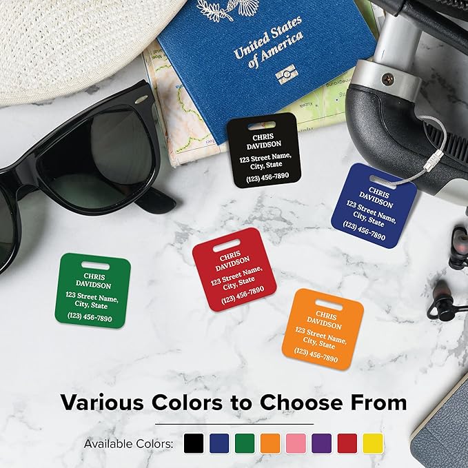 Custom Luggage Tags, Personalized Name Address for Suitcases,Backpack, Handbag, Travel Equipment Tag, 2x2 Inches, Acrylic Heavy Duty Waterproof, Made in The USA by My Sign Center- Black