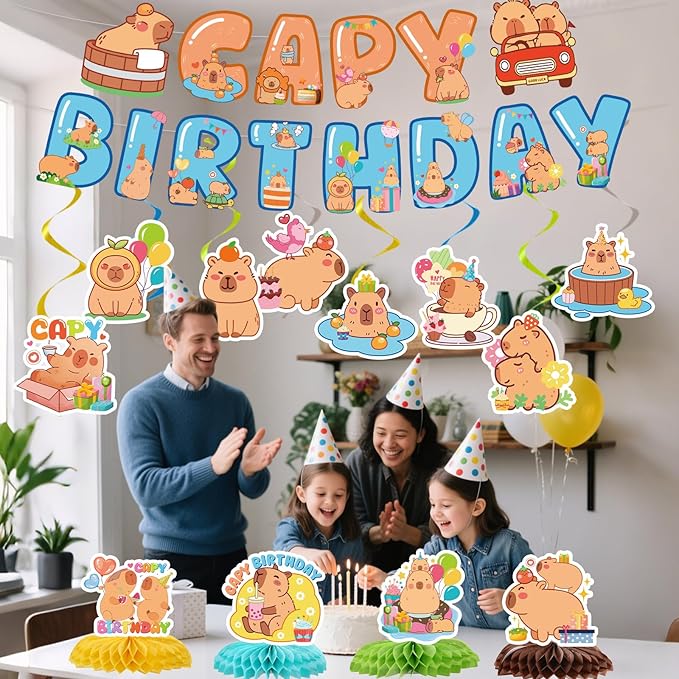 Capybara Birthday Party Decorations - 14PCS Capybara Banners with Hanging Swirls Bday Decoration Cute Capy Animals Honeycomb centerpieces Decor Supplies