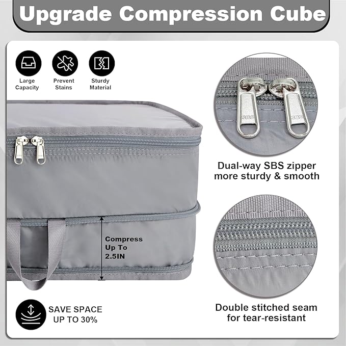 Extra Large Compression Packing Cubes for Travel Essentials, 2 Pack Expandable Travel Cubes for Packing Bags Suitcase Organizer, Grey