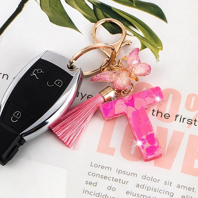 Suweibuke Colourful Cute Initial Letter Keychains for Women Girls with Tassel Butterfly, Charm for Purse Handbags Backpacks