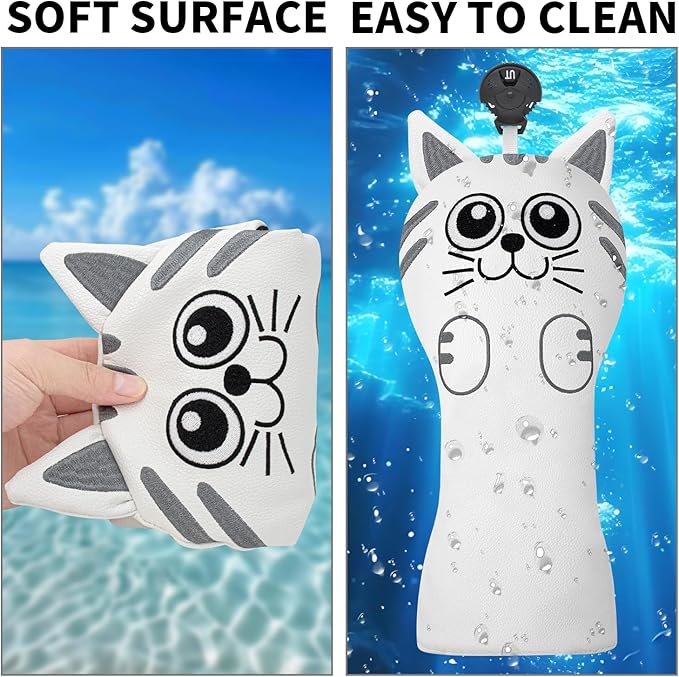 Golf Kitty Head Cover Golf Club White Leather Headcovers 1pc/4pcs Set Fits Driver Fairway Wood Hybrid Utility Putter Iron Wedge Headcover.