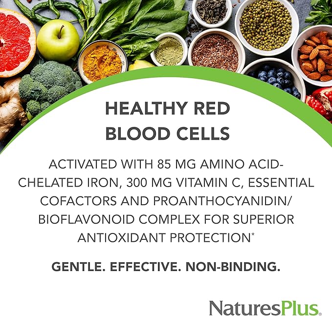 NaturesPlus Hema-Plex Iron - 60 Slow-Release Mini-Tabs - 85 mg Chelated Iron - Total Blood Health - with Vitamin C & Bioflavonoids - Vegan, Gluten Free - 30 Servings