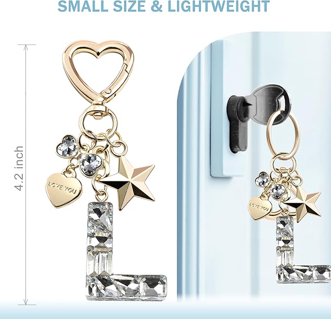 Cute Bling Keychain initial Letter Butterfly Star Pink Purple Gift for Women Girls Bag Cup Charms Accessories
