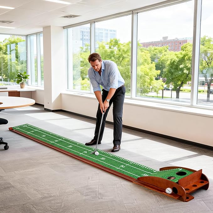 Putting Green Indoor with Automatic Ball Return – Golf Putting Mat with Putter Holder, 2 Golf Balls, Marking Tool & Storage – Portable Golf Training Aid & Gift for Men Home Office