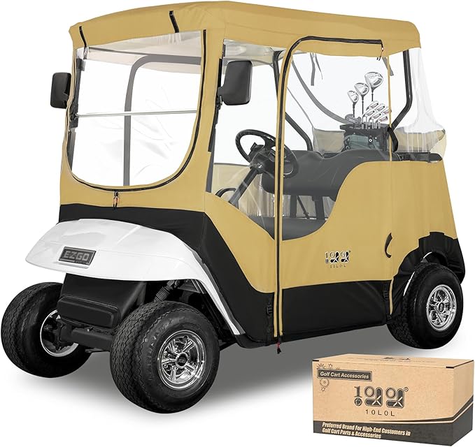 10L0L Golf Cart Enclosure Fit for 2 Passengers EZGO TXT RXV,600D Waterproof Snowproof Golf Buggy Keep Warm Cover, 2 Door Zippers 4-Side Clear Window and 4 Windproof Hooks Golf Cart Rain Cover, Black