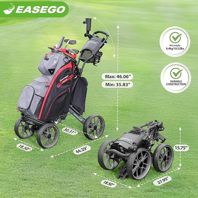 Golf Push Cart 4 Wheel : Golf Walking Carts with Phone Holder/Cup Holder/Umbrella Holder/Foot Brake/Cooler Basket 3 Wheel Superlite Golf Pull Cart All-Terrain Golf Caddy Carts
