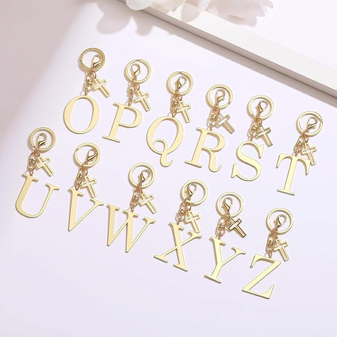 Gold Initial Keychain for Women A-Z Letter Cross Keychains Alphabet Key Chain bag Accessories Gift for Christian