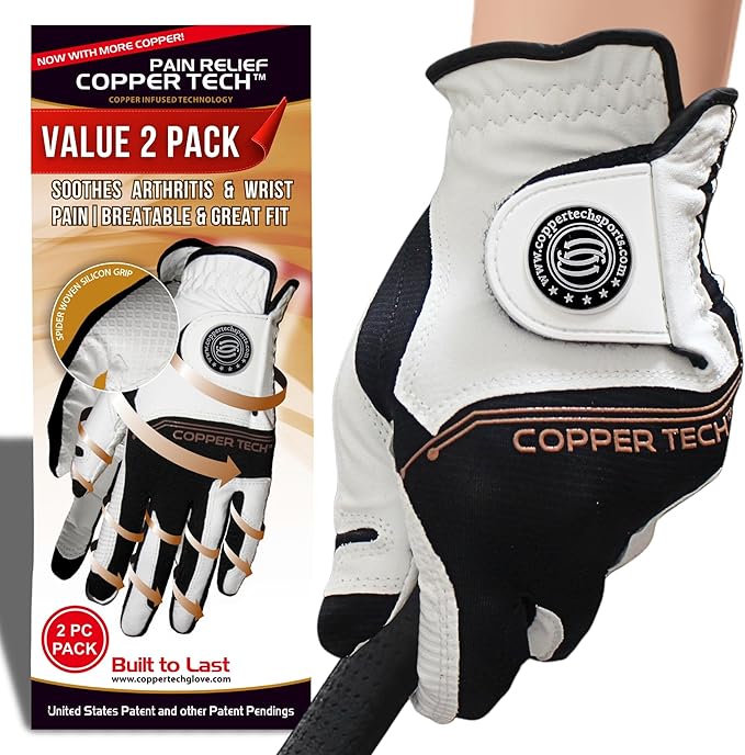 Copper Tech Ladies Golf Gloves Women Right Handed Golfer or Left Handed Golfer 2 Pack | Copper Compression Joint Support with Flexible & Comfortable Fit | AAA Leather & Silicone Tacky Pad