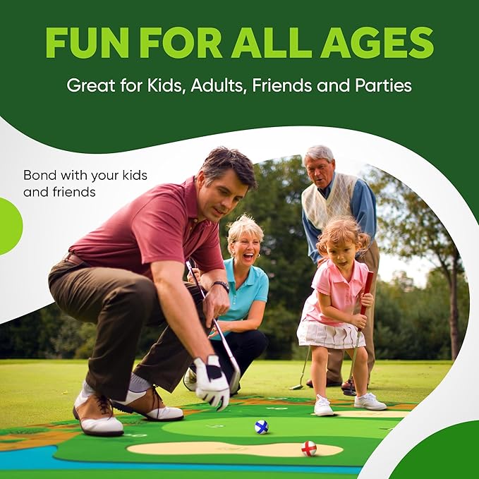 Battle Golf Game - Dual-Sided Mat, Realistic Course Design & Scoring System, Adjustable Height Clubs - Thick Grass-Like Chipping Mat for Indoor/Outdoor Family Golf Activity
