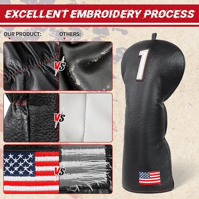 Golf Head Covers, American Flag Patriotism Golf Club Cover for Woods and Driver, Fairway, Hybrid - Premium Leather Golf Club Head Covers with Interchangeable Tags