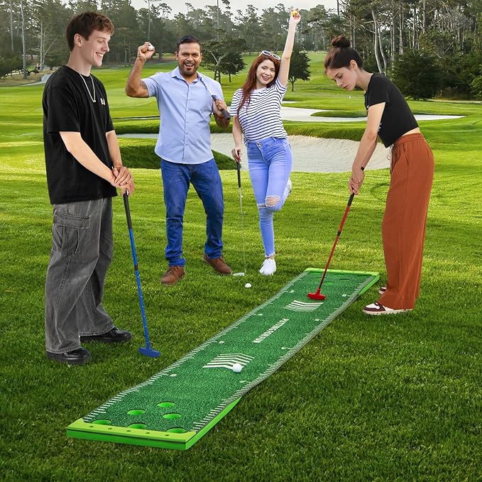 Goplus Putting Green Mat, Portable Golf Game Set with 2 Adjustable Putters, 6 Balls, Carrying Bag, Golf Putting Mat for Party, Practice, Home, Backyard