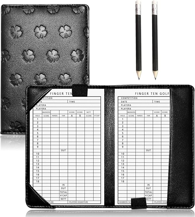FINGER TEN Golf Scorecard Holder with 2 Free Pencils Value Pack, Premium Leather Yardage Books Cover Weatherproof, Lightweight Portable Score Tracking Accessories for Men Women