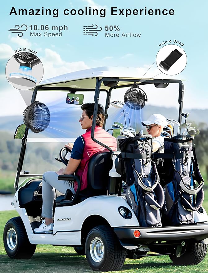 2-Pack Magnetic Golf Cart Fan Rechargeable with Carrying Case, 12000mAH Battery Portable Fan with Magnetic Base, Suitable for EZGO Club Car Yamaha, Golf Cart & Cruise Ship Accessories