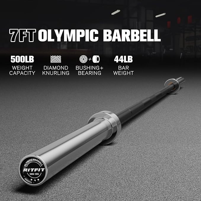 RITFIT 7FT Olympic Barbell for Strength and Weightlifting Training - 2 Inch Olympic Bar for Squat, Deadlift, Bench Press, Curl, Overhead Press - 500lbs/1000lbs/1500lbs Capacity