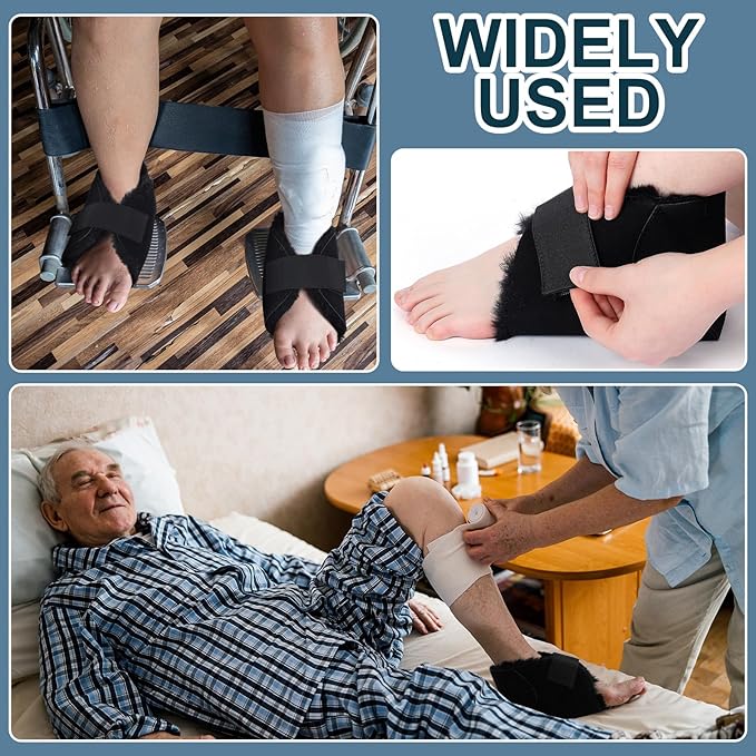 2 Pcs Heel Protectors for Pressure Sores Sheepskin Heel Pads Soft Foot Cushions Pad Protectors Adjustable Foot Pillows with Securing Strap for Bed Sore Ankle Ulcers(Black)